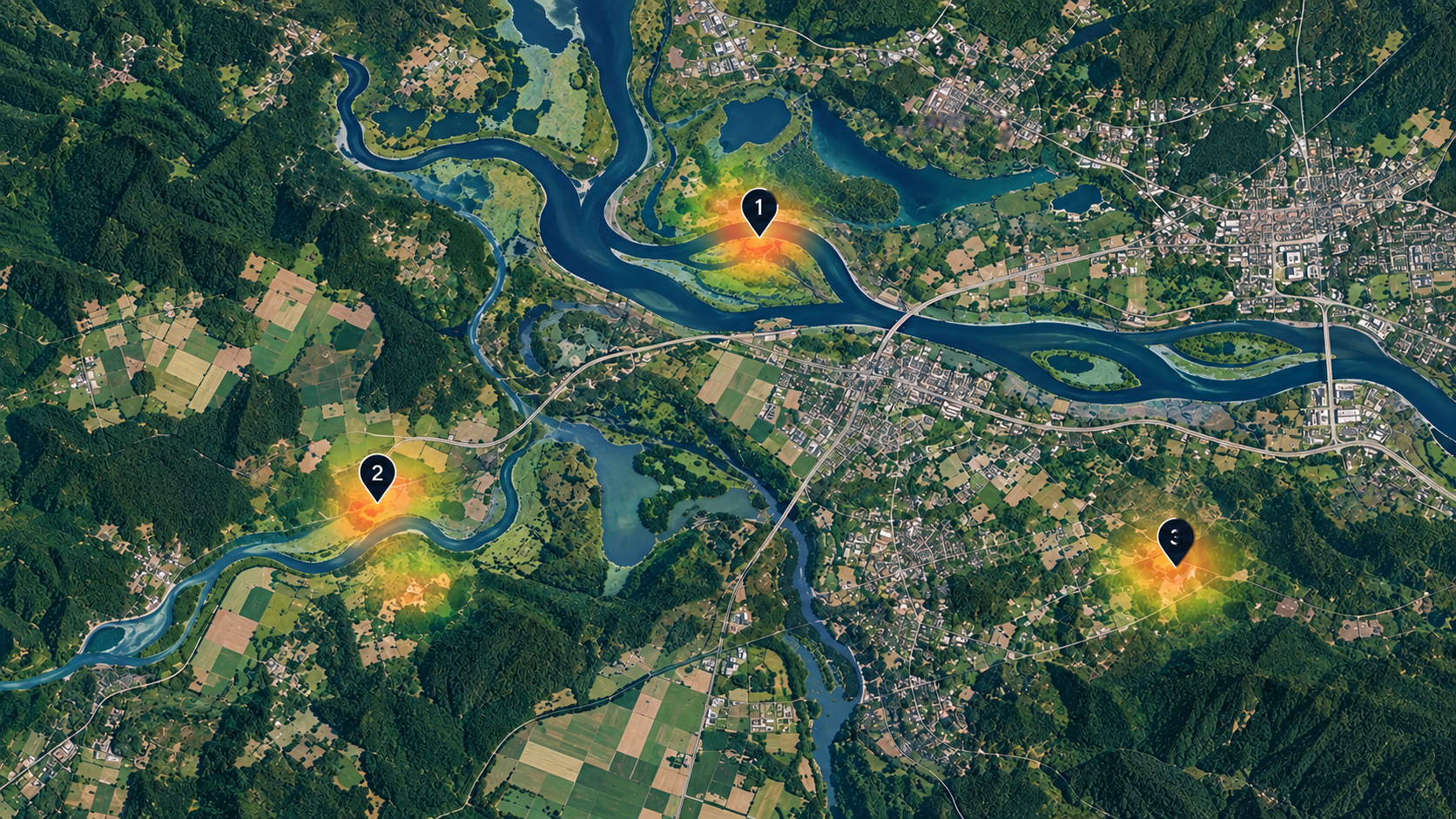 Environmental landscape with a learned relevance field over candidate regions.